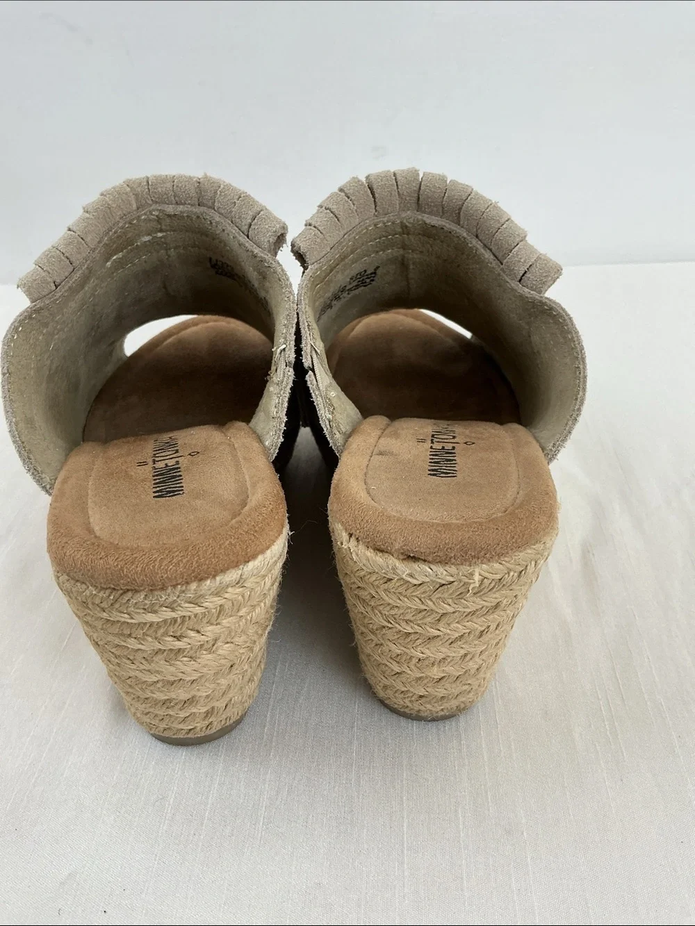 Minnetonka Suede Fringe Wedge Sandal Boho Peep Toe